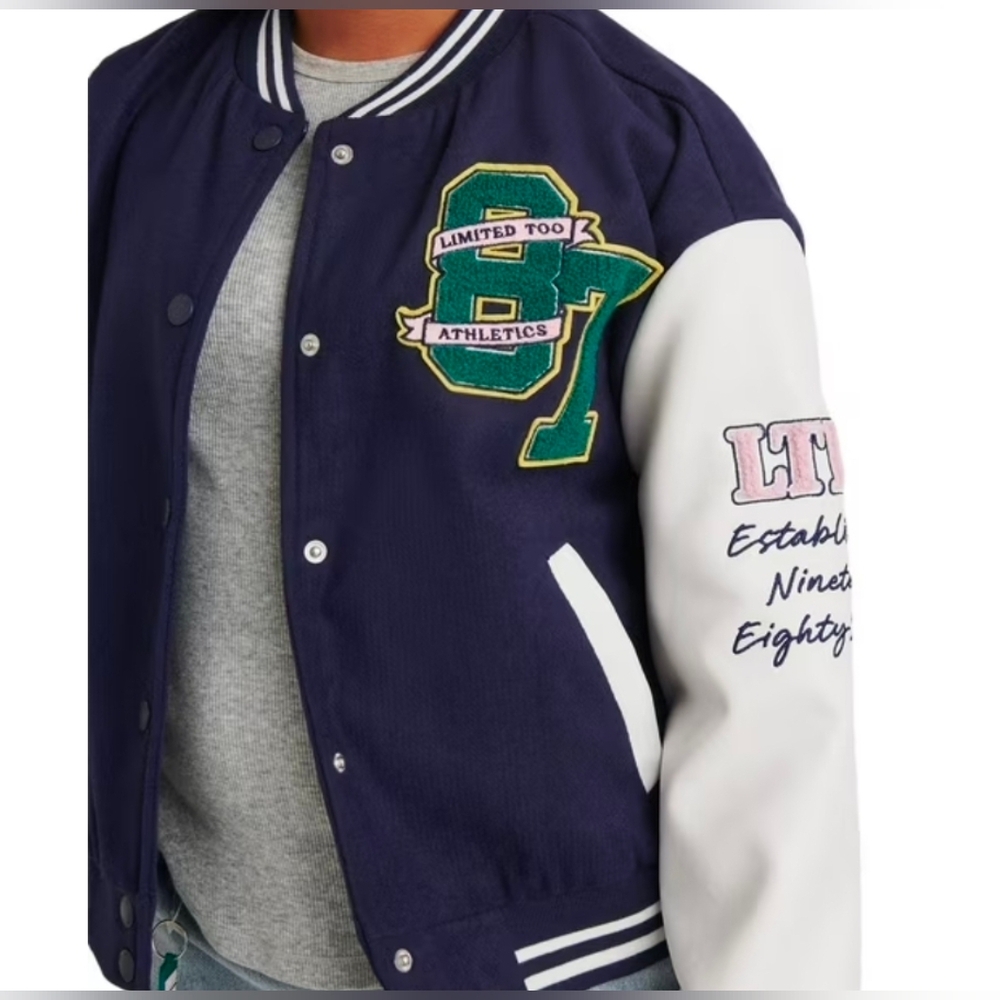 Limited Too Junior Varsity Jacket Faux Leather Sleeves Bomber Size L (12/14)
